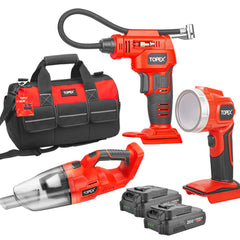 TOPEX 20V Cordless Combo Kit Tyre Inflator Handheld Vacuum Cleaner LED Torch w/ Tool Bag