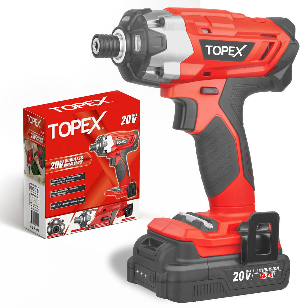 TOPEX Cordless Impact Driver 1/4" Hex Drive w/ 20V Li-ion Battery & Charger