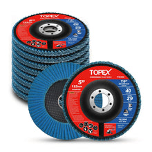 Load image into Gallery viewer, TOPEX 125mm Zirconia Flap Disc, 40/60/80/120 Grit, 10Pack