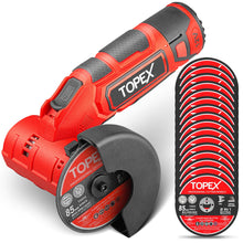 Load image into Gallery viewer, TOPEX 12V Cordless Angle Grinder 1 Wrench for Metal and Wood w/12V 2.0Ah Lithium-Ion Battery&amp;14.4V /0.4A charger/50PCS 85mm Cutting Wheels Discs