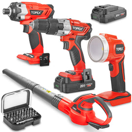 TOPEX 20V Combo Kit Hammer Drill Impact Driver Light Leaf Blower w/ 2 Batteries