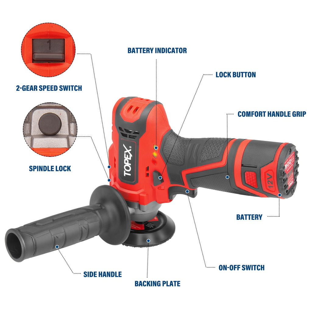 TOPEX 12V Cordless Polisher 3" Mini Car Detailing Buffer & Sander w/ Battery & Charger