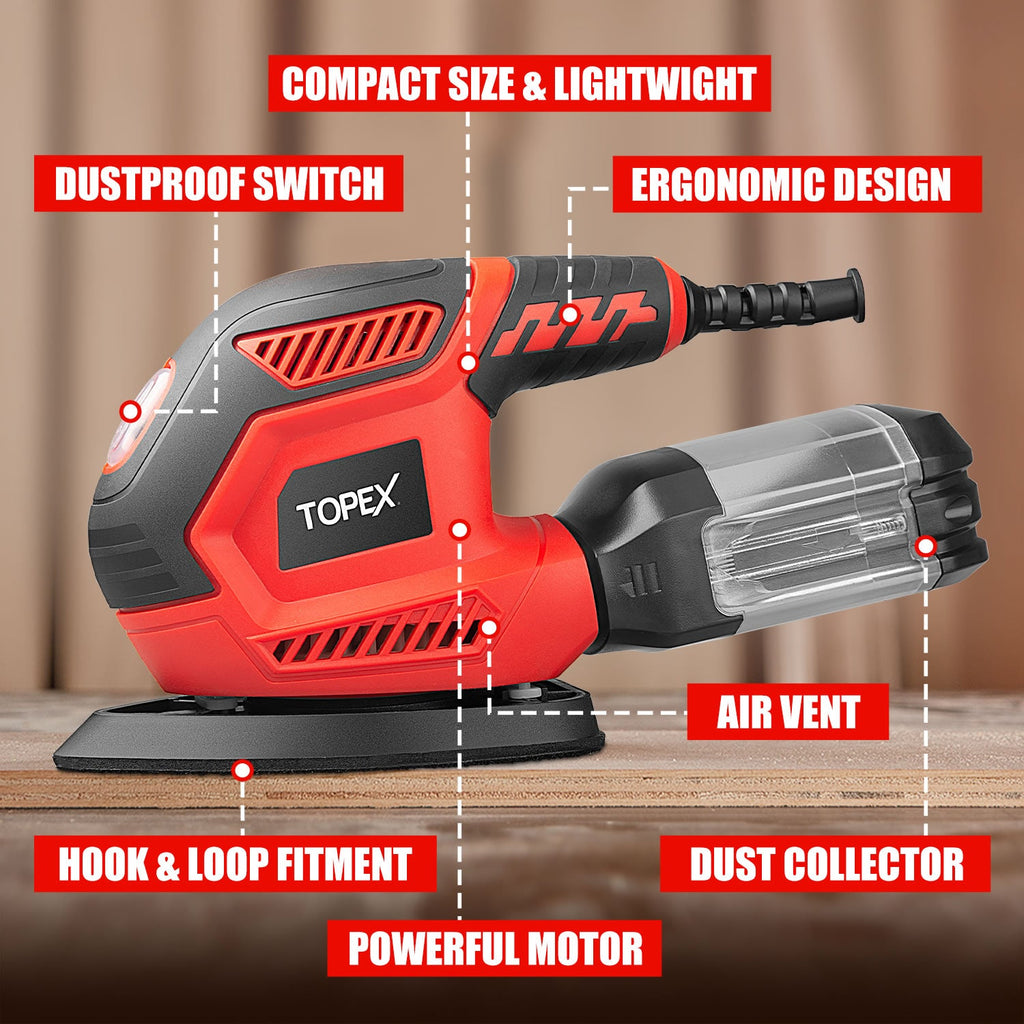 TOPEX 200w Electric Detail Sander with Sandpaper Polisher&Dust Box Small Triangular Palm Sander