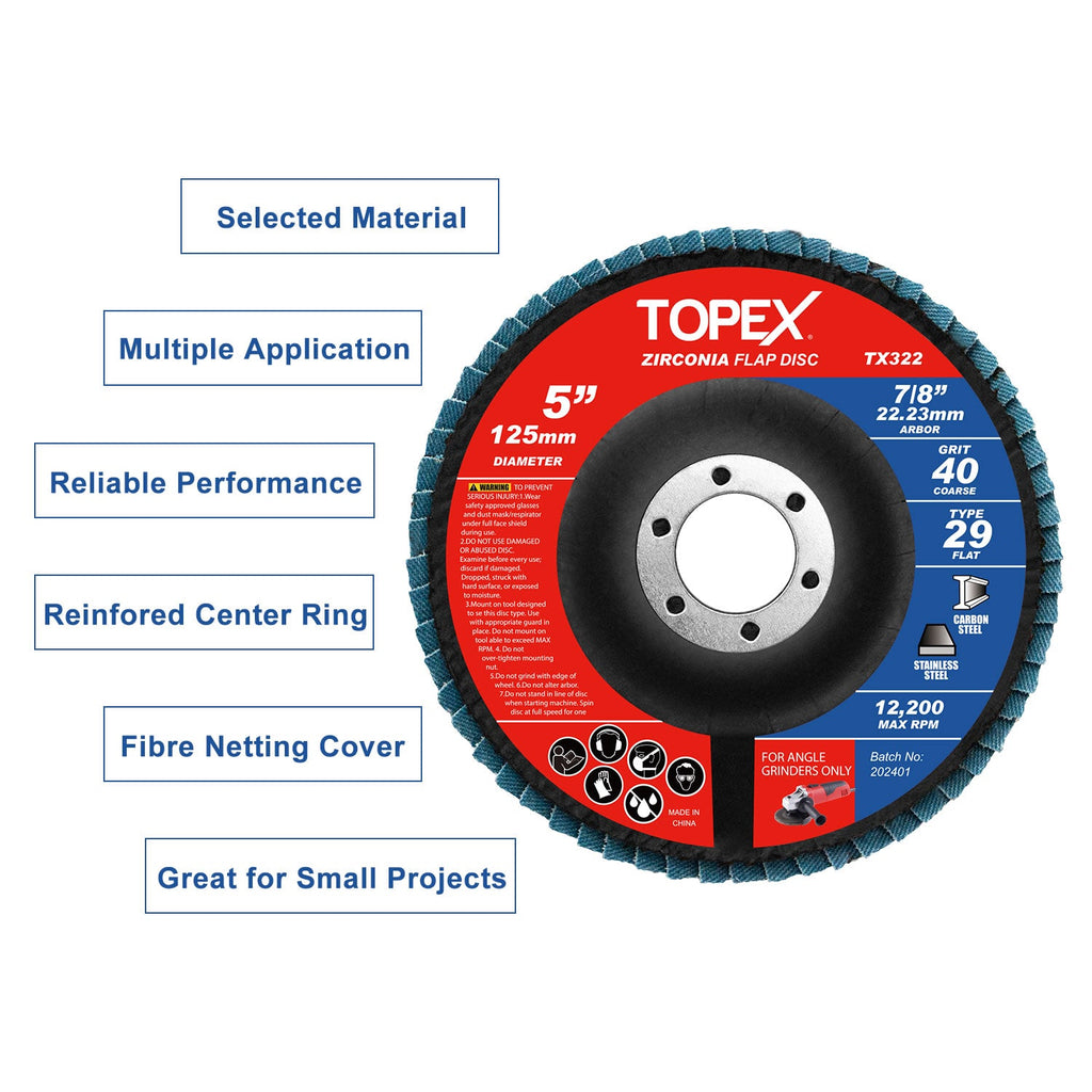 TOPEX 125mm Zirconia Flap Disc, 40 Grit, 10Pack