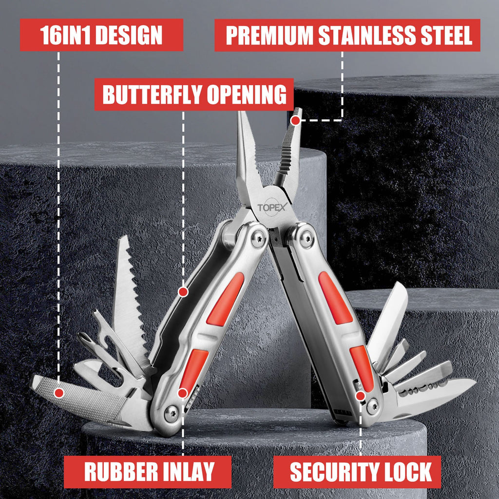 TOPEX 16-In-1 Multitool Plier, Multi Tool Pliers, Stainless Steel Plier with Safety Locking, Cutters, Knife, Screwdrivers, Wood Saw, Can Bottle Opener