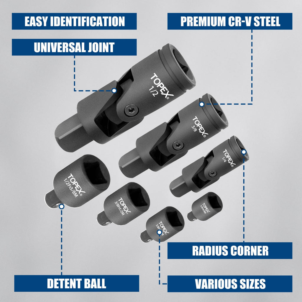 TOPEX 7-piece socket adaptor set 1/4" 3/8" and 1/2" universal joint socket adaptor