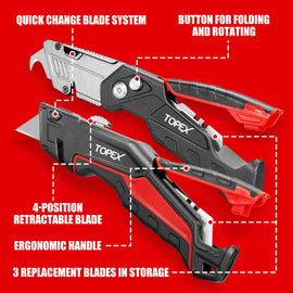 TOPEX Deluxe Folding Utility Knife 2 Piece Lock Back Auto Load Total 58 Blades