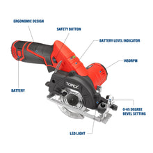 Load image into Gallery viewer, TOPEX 12V Max Cordless Circular Saw 85 mm Compact Lightweight w/ Battery &amp; Charger