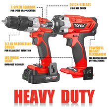 Load image into Gallery viewer, TOPEX 20V Cordless Hammer Drill Impact Driver Power Tool Combo Kit w/ Drill Bits