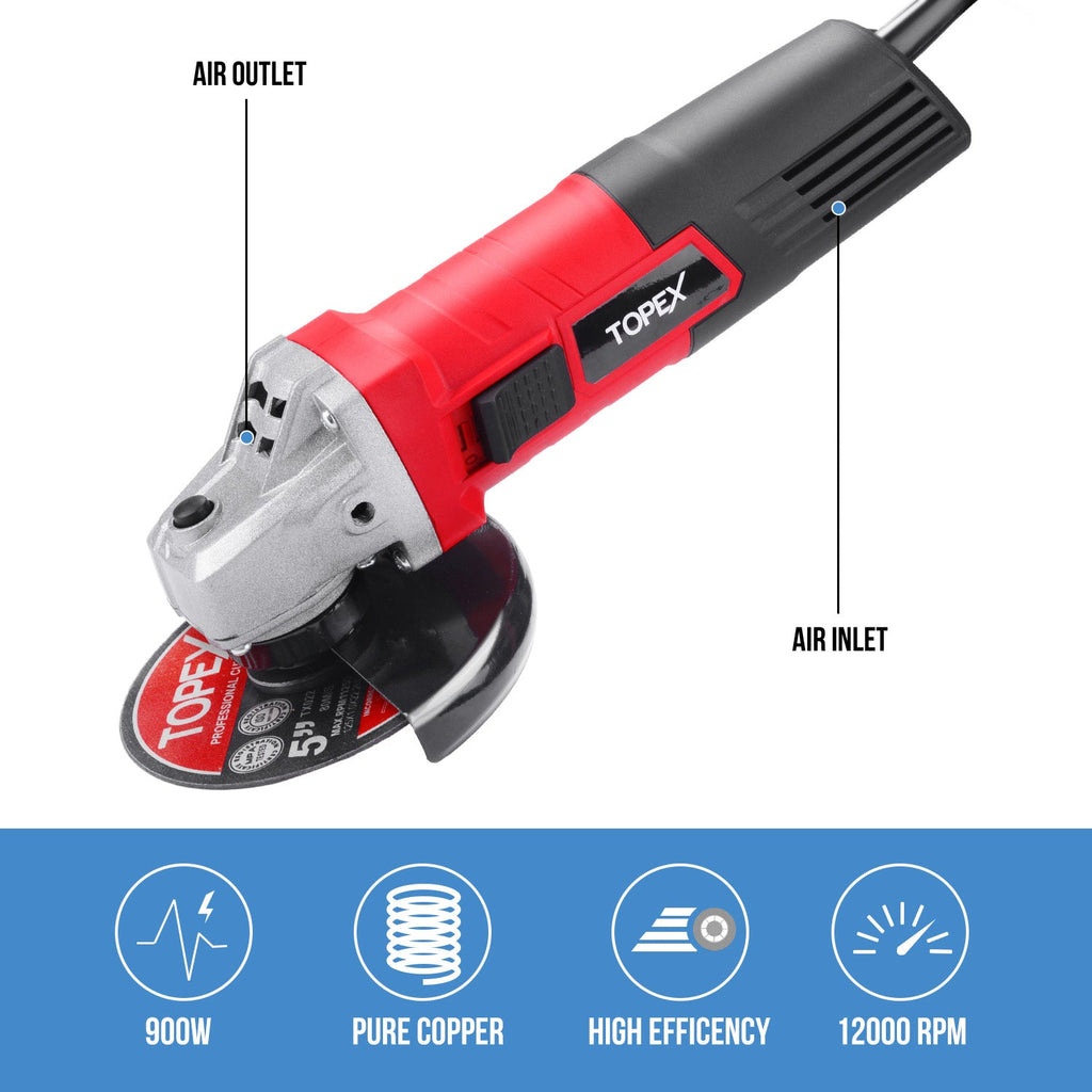 TOPEX Heavy Duty 900W 125mm 5" Angle Grinder w/ 50PCs 5" Cutting Discs