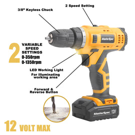 MasterSpec 47PCs 12V Lithium Cordless Drill with 2 Batteries