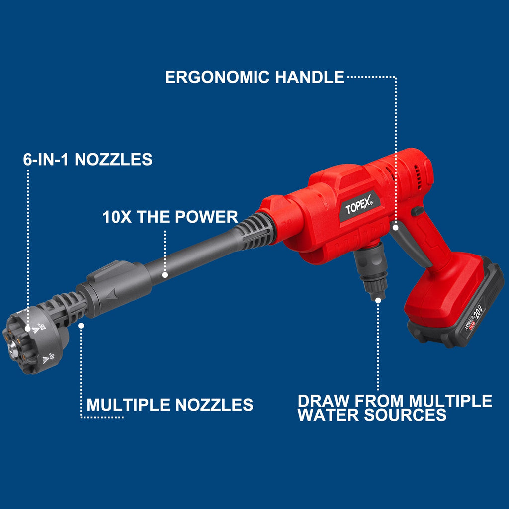 TOPEX 20V Cordless Pressure Washer, 6-in-1 Nozzle for Washing Car/Wall/Floor, Battery