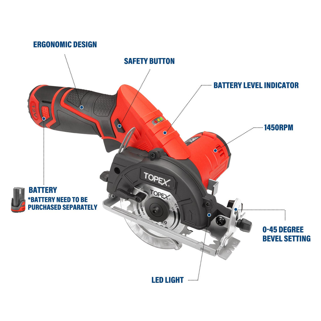TOPEX 12V Max Cordless Circular Saw 85 mm Compact Lightweight [Skin only]