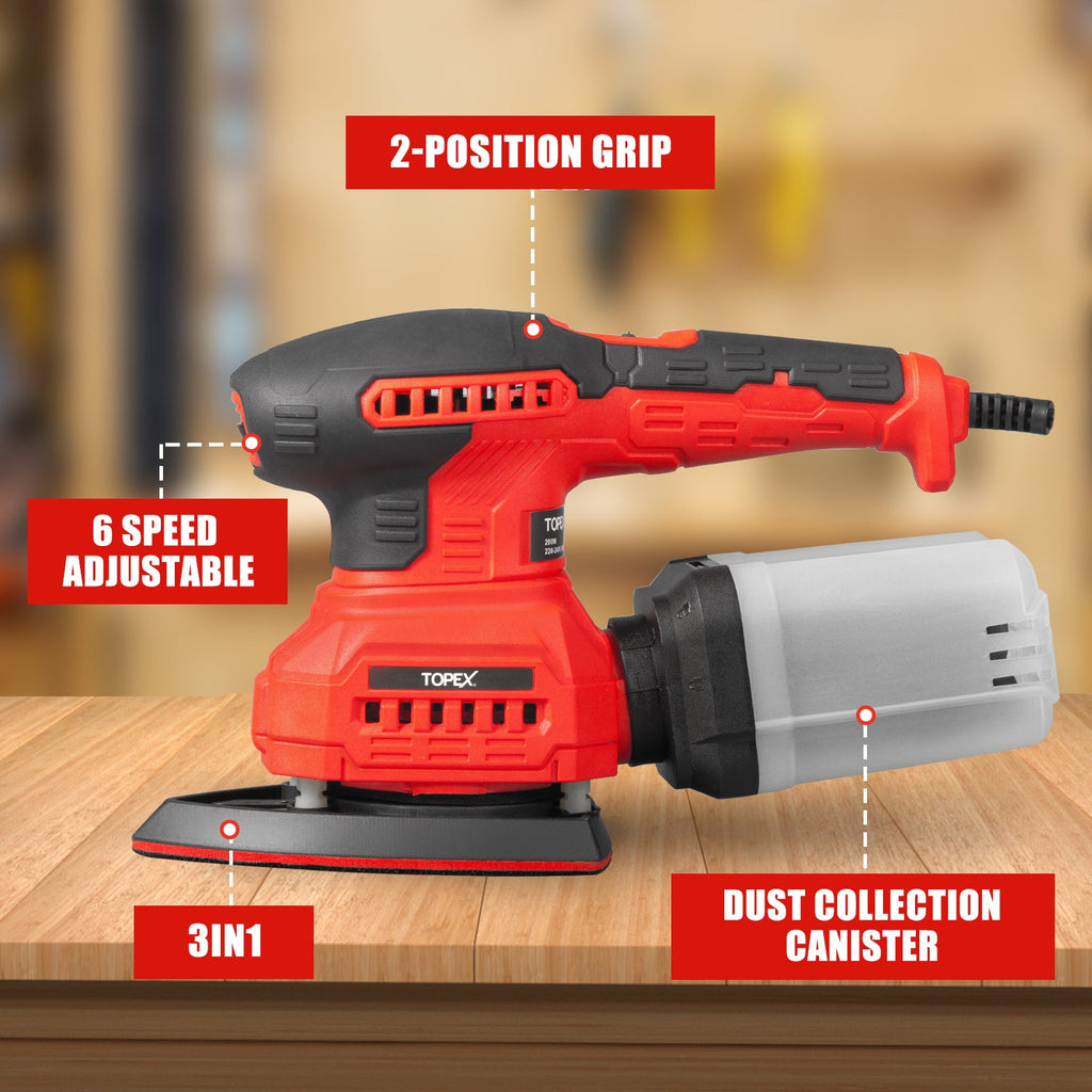 TOPEX 3in1 200W Electric Finishing Sander Sanding Tool 6 Speeds 3 Sanding Base Plate Size