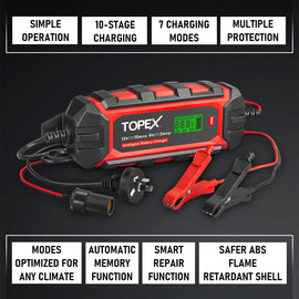 TOPEX Car Battery Charger, 10A 6V/12V Smart Automatic Battery Charger Maintainer with LCD Display for Lead Acid, LiFePo4 Battery in Truck, Motorcycle