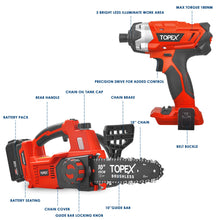 Load image into Gallery viewer, TOPEX 20V Cordless Chainsaw Impact Driver Power Tool Combo Kit w/ 4.0Ah Battery