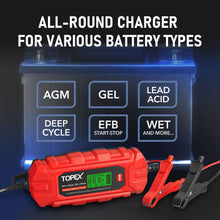 Load image into Gallery viewer, TOPEX Car Battery Charger, 4A 6V/12V Smart Automatic Battery Charger Maintainer with LCD Display for Lead Acid, LiFePo4 Battery in Truck, Motorcycle