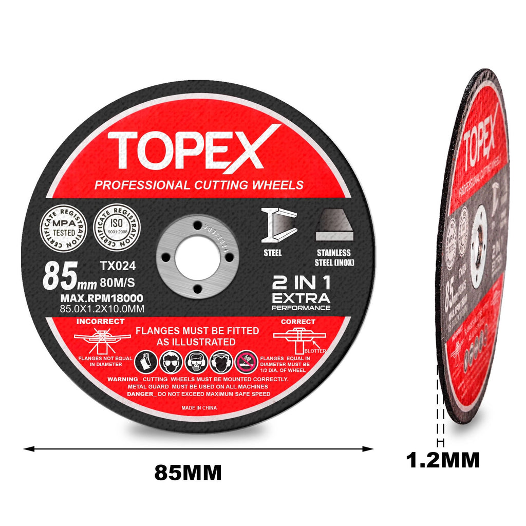 TOPEX 50-Piece 85mm Professional Cutting Wheels Discs 2 in 1 Steel Inox Ultra Thin