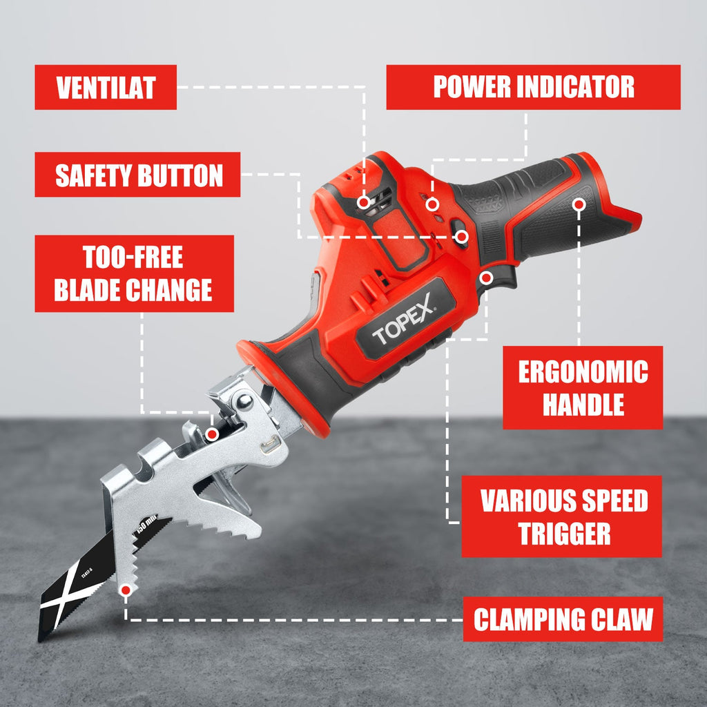 TOPEX 12V Cordless Reciprocating Saw w/ 2 Saw Blades & Clamping Claw Cutting Depth 65 mm Skin Only without Battery
