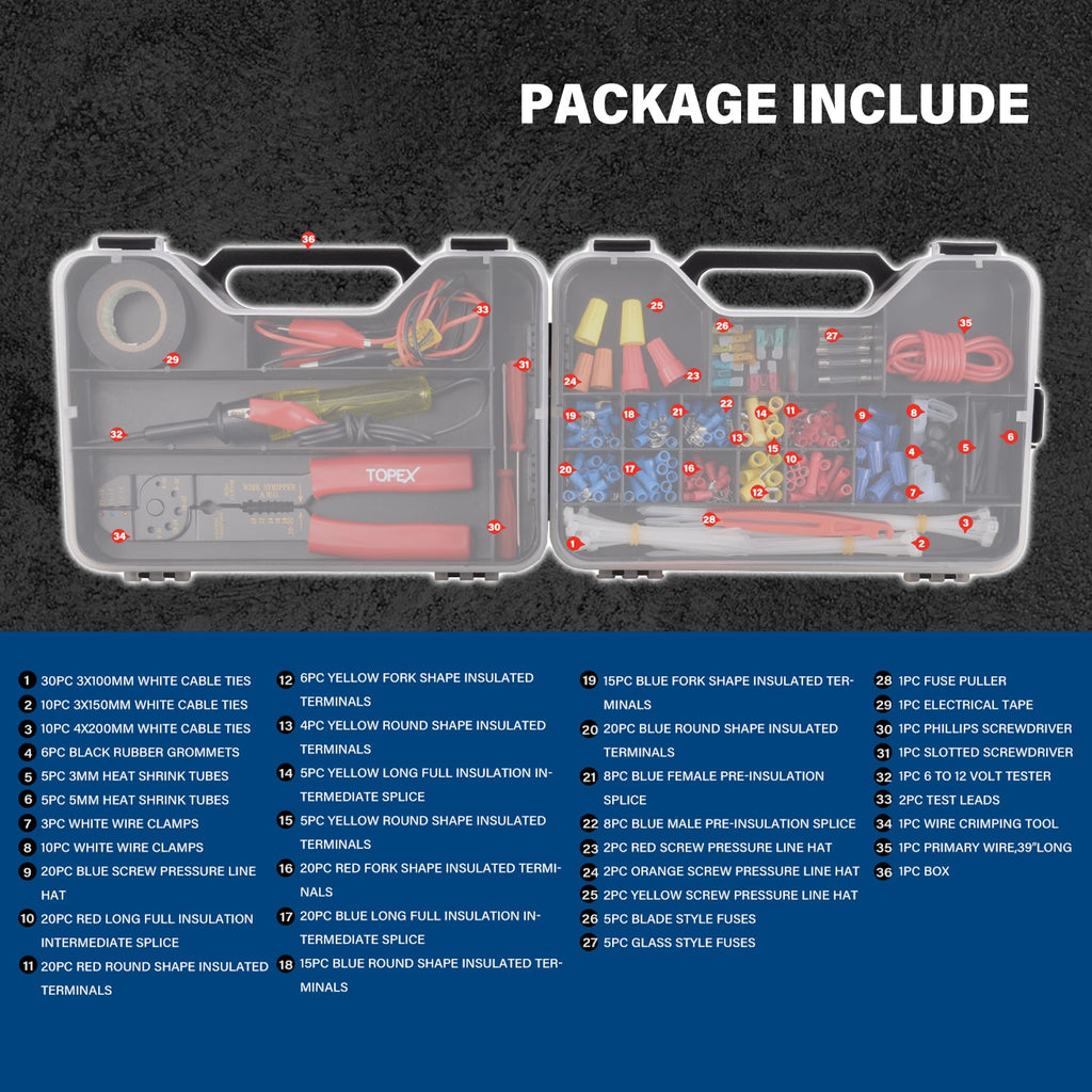 TOPEX 285 PCs Auto Electrical Repair Kit Gauge Wire Stripper Connectors Assortment Set Multifunctional & Self-Adjusting Cutting Peeling Pliers Tool