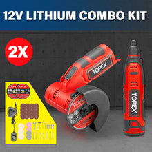 Load image into Gallery viewer, TOPEX 12V Cordless Rotary Tool Speed 5000-25000rpm With 12V Cordless Angle Grinder,12V 2.0Ah Lithium-Ion Battery&amp;14.4V /0.4A charger