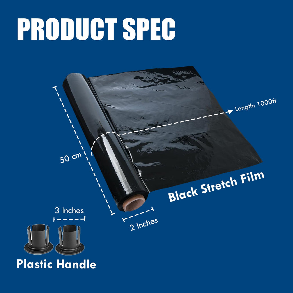MasterSpec Black Plastic Stretch Wrap Film, 50cm x 400m Durable Packing Moving Packaging Heavy Duty Shrink Film 25U with Plastic Rotary Handle