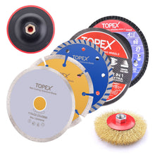 Load image into Gallery viewer, TOPEX 20PCs 115mm Cutting Wheel Flap Grinding Disc Wire Brush Diamond Turo Blades Kit