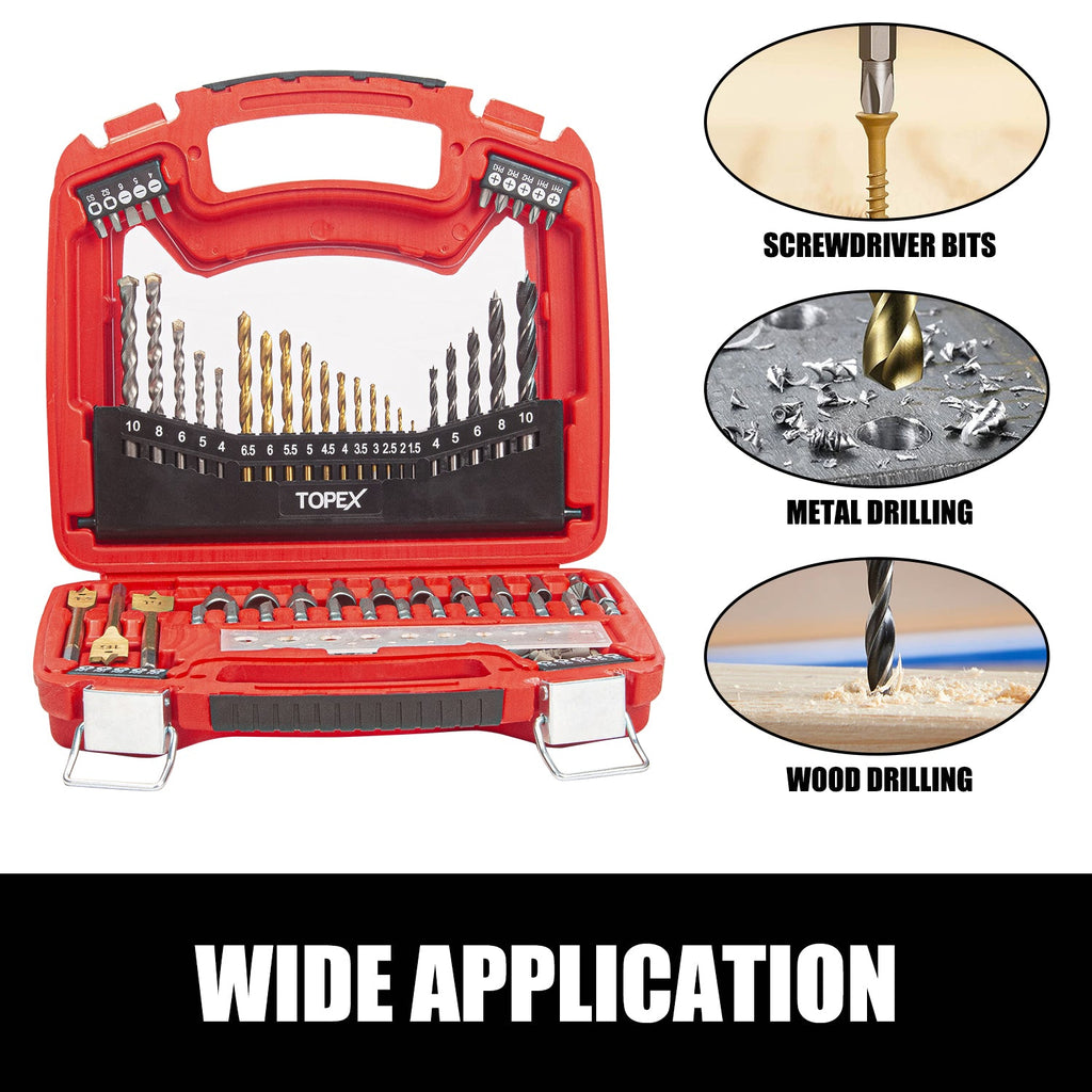 TOPEX 128 Piece Drill Bit Set HSS Titanium Drill & Screwdriver Bit Set with Case