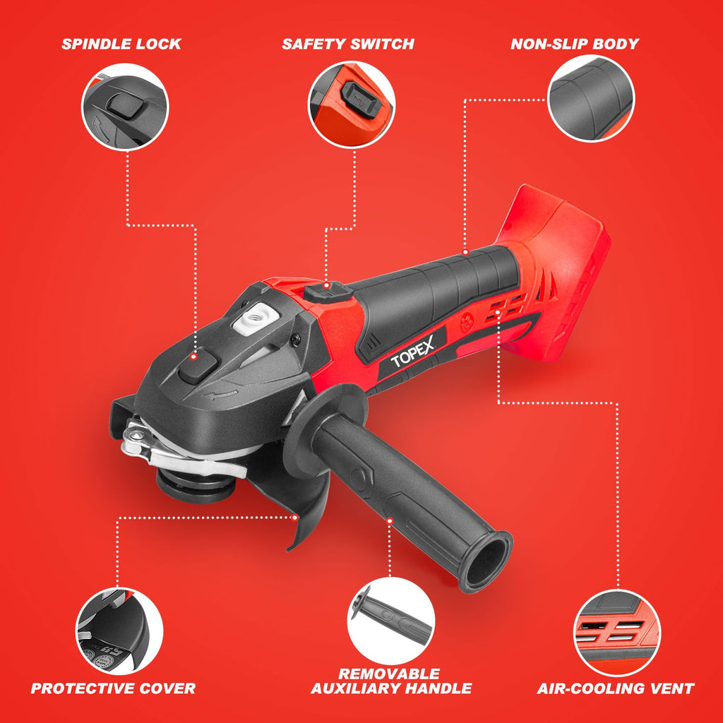 TOPEX 20V Cordless Angle Grinder 125mm Li-ion Grinding Cutting Power Tool Skin Only