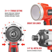 Load image into Gallery viewer, TOPEX 20 V Cordless Kit: Hammer Drill, Impact Driver, LED Light w/ Fast Charger