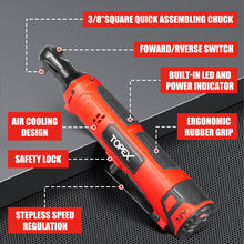 Load image into Gallery viewer, TOPEX 3/8&quot; 12V Cordless Electric Ratchet Wrench 45NM/33.2ft-lbs 300RPM Variable Speed &amp; LED Light