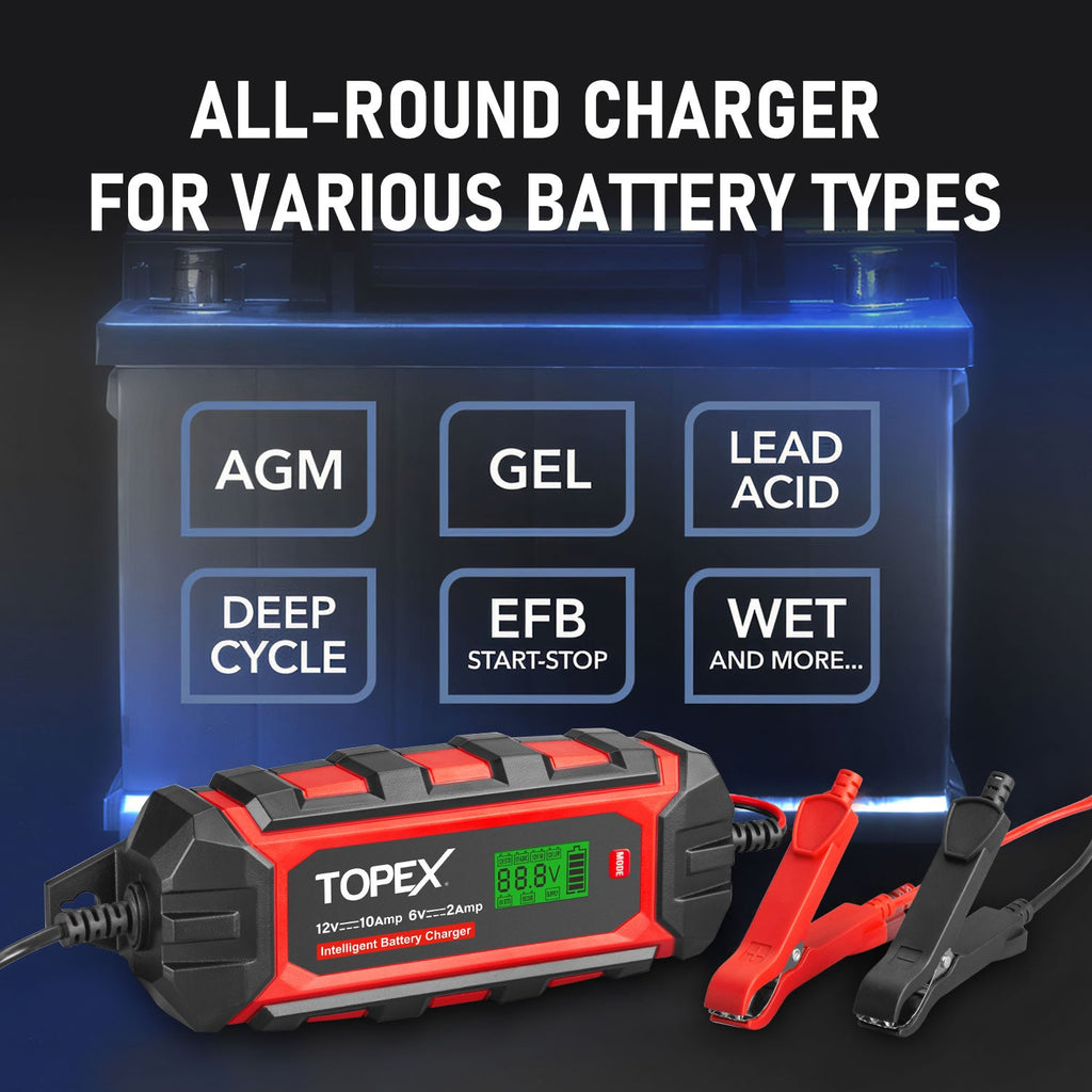 TOPEX Car Battery Charger, 10A 6V/12V Smart Automatic Battery Charger Maintainer with LCD Display for Lead Acid, LiFePo4 Battery in Truck, Motorcycle