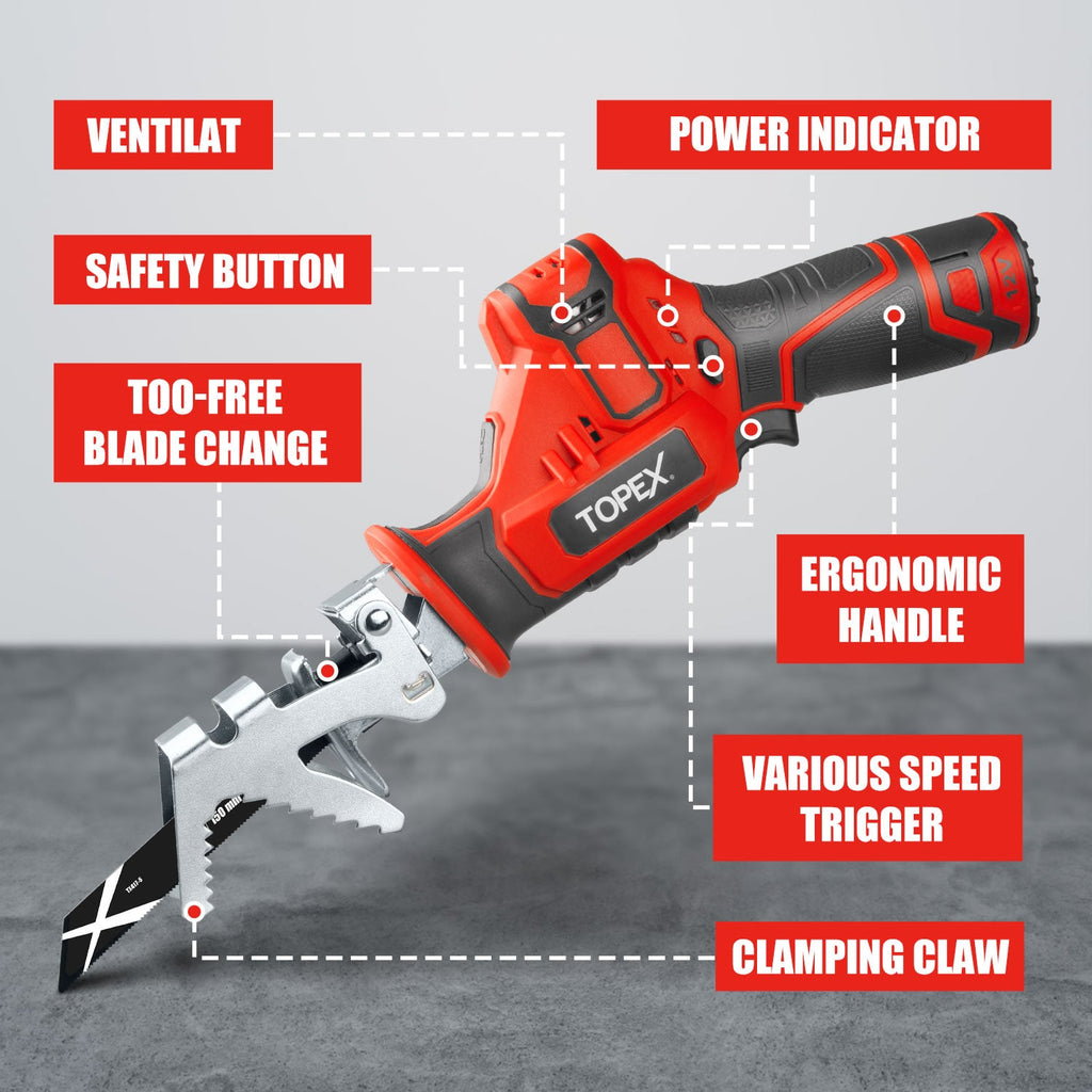 TOPEX 12V Cordless Reciprocating Saw w/  2 Saw Blades & Clamping Claw  Cutting Depth 65 mm
