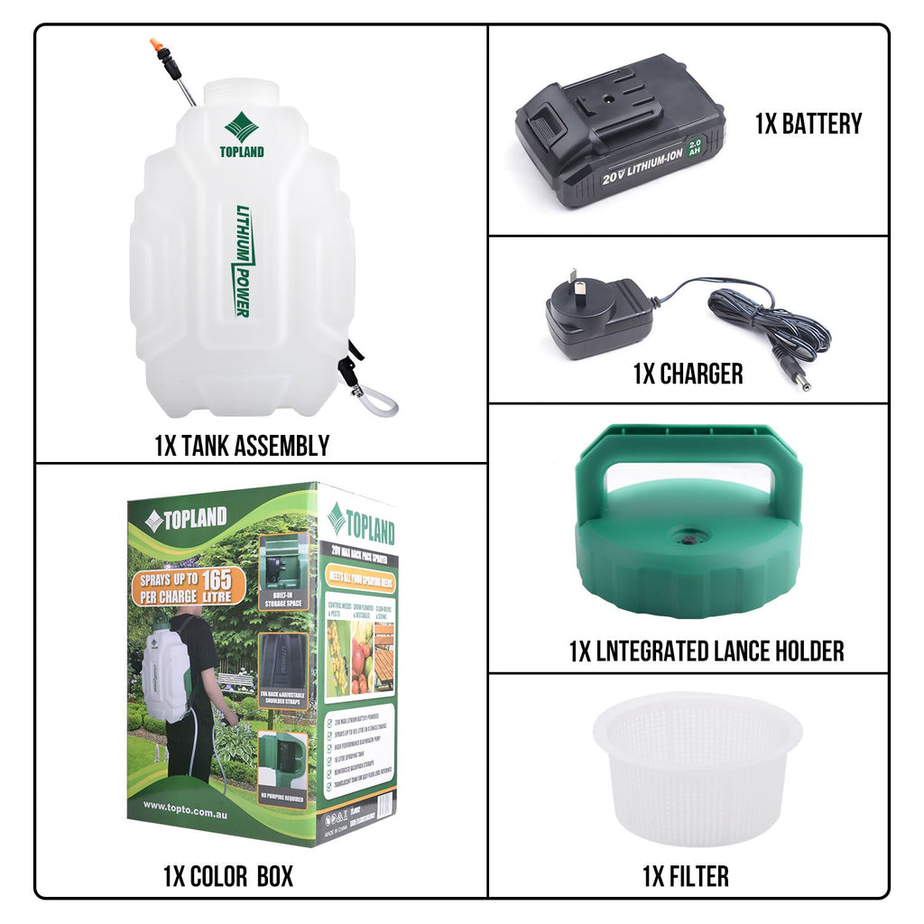 TOPLAND 20V Max 16L Lithium Backpack Sprayer Weed Control Fertilizing Watering