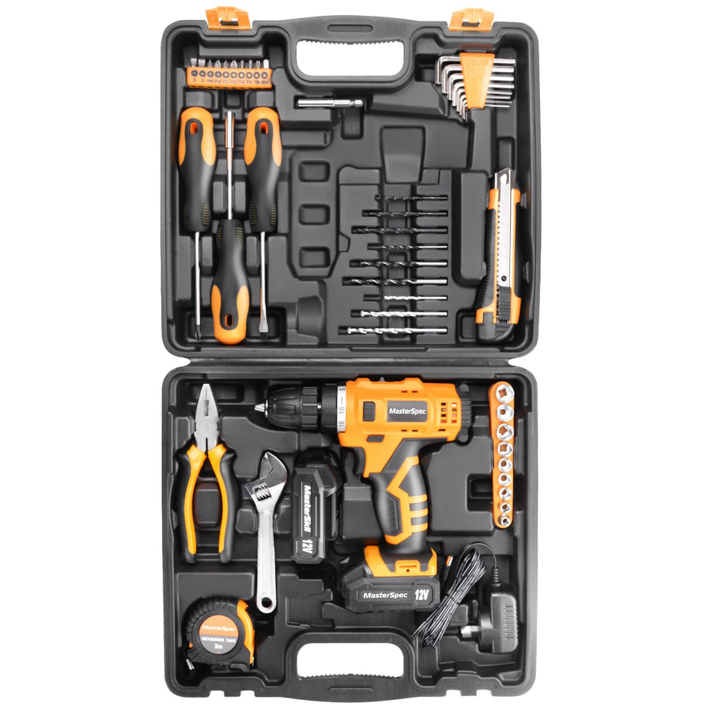 MasterSpec 47PCs 12V Lithium Cordless Drill with 2 Batteries