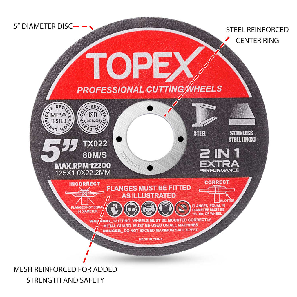 TOPEX 50-Piece 125mm 5" Professional Cutting Wheels Discs 2 in 1 Steel Inox Ultra Thin