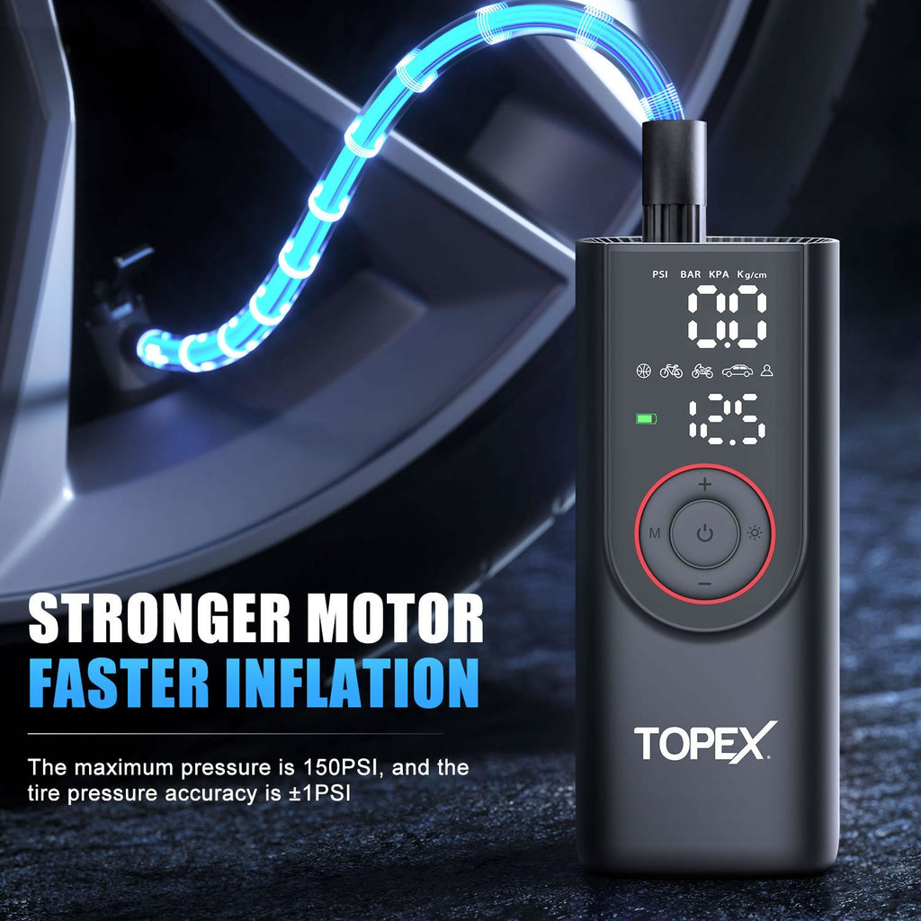 TOPEX 12V Car Tyre Inflator Portable Air Compressor Cordless Air Pump 150PSI Air Pump Dual Power Electric Tyre Pump for Car/ Motorcycle/ Bike/ Ball/ Custom