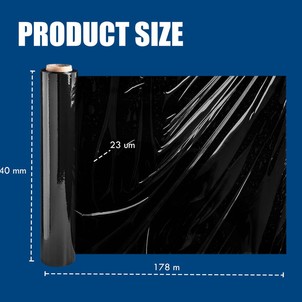 MasterSpec Black Plastic Stretch Wrap Film, 50cm x 400m Durable Packing Moving Packaging Heavy Duty Shrink Film 25U with Plastic Rotary Handle