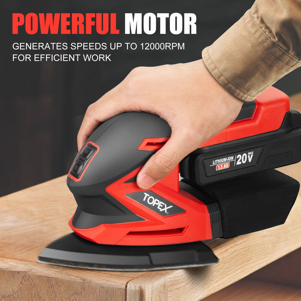 TOPEX 20V Cordless Detail Sander Electric Detail Sander Handheld Sanding Machine Small Triangular Palm Sander with Sandpaper & Dust Bag