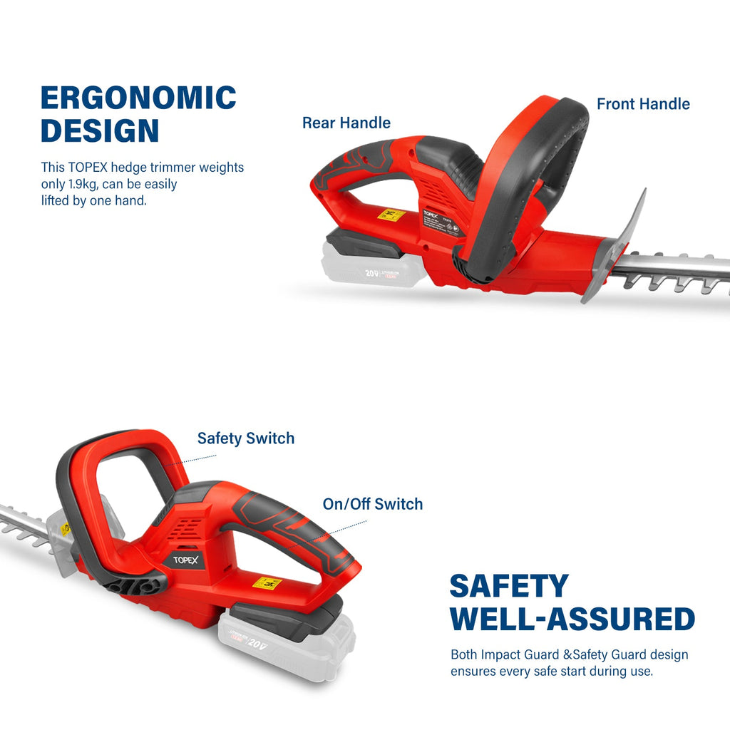 TOPEX 20V Cordless Hedge Trimmer for Shrub, Cutting, Trimming, Pruning Skin Only without Battery