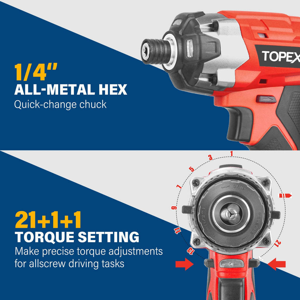 TOPEX 20V Cordless Twin Drill & Impact Driver Set & 32 Screwdriver Bits set