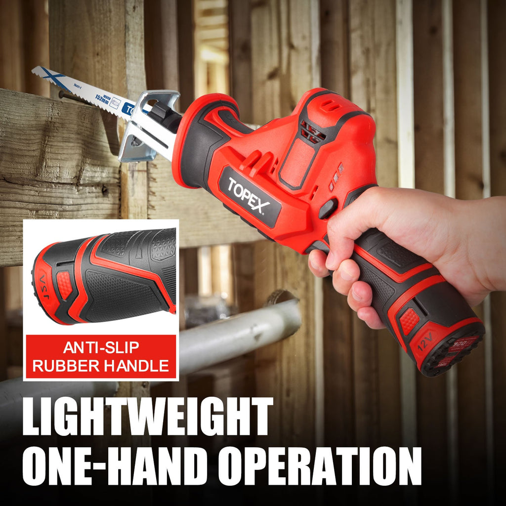 TOPEX 12V Cordless Reciprocating Saw w/  2 Saw Blades & Clamping Claw  Cutting Depth 65 mm