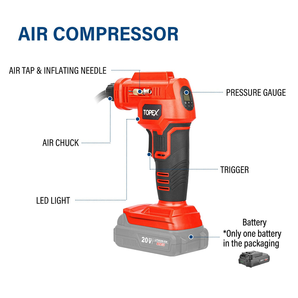 TOPEX 20V Cordless Combo Kit Tyre Inflator w/ Lightweight LED Torch(One Battery Included)