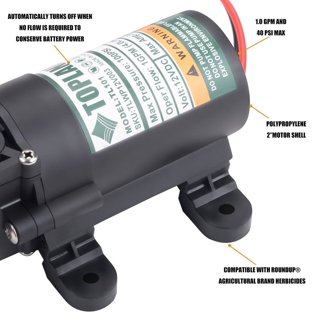 TOPLAND 12V Portable Diaphragm Water Pump with Safety Accessories Pressure Self Priming