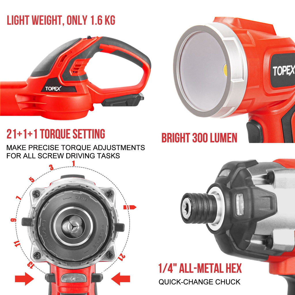 TOPEX 20V Combo Kit Hammer Drill Impact Driver Light Leaf Blower w/ 2 Batteries