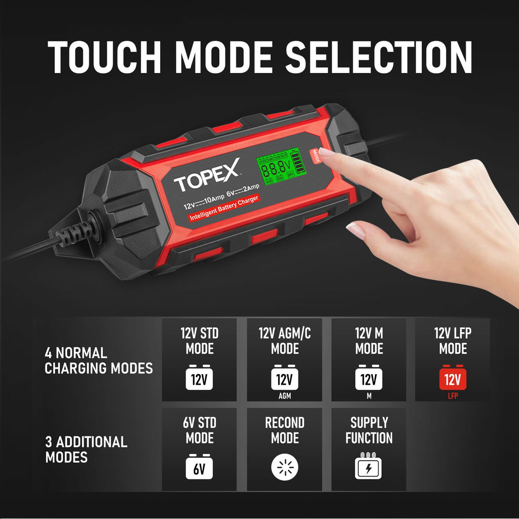 TOPEX Car Battery Charger, 10A 6V/12V Smart Automatic Battery Charger Maintainer with LCD Display for Lead Acid, LiFePo4 Battery in Truck, Motorcycle