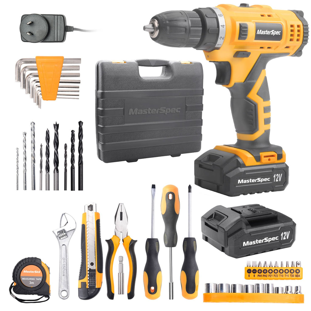 MasterSpec 47PCs 12V Lithium Cordless Drill with 2 Batteries