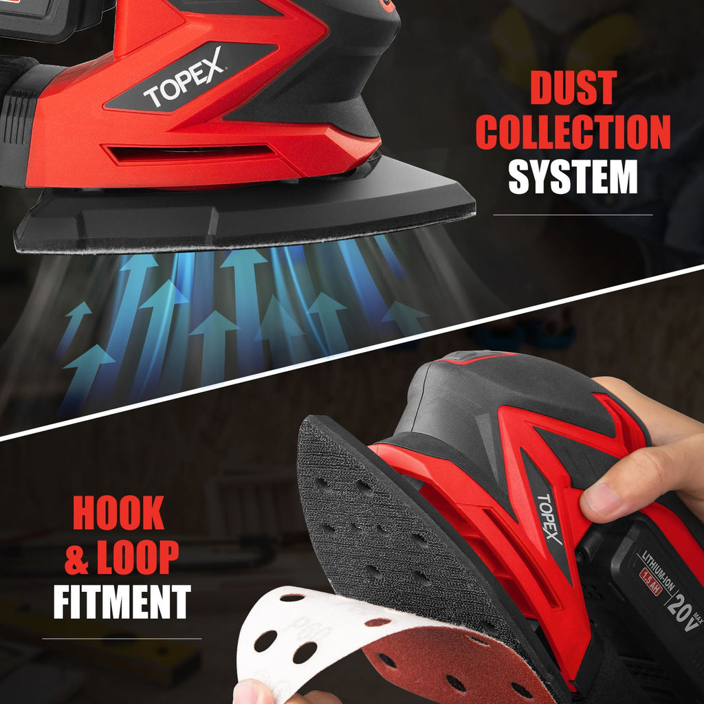 TOPEX 20V Cordless Detail Sander Electric Detail Sander Handheld Sanding Machine Small Triangular Palm Sander with Sandpaper & Dust Bag