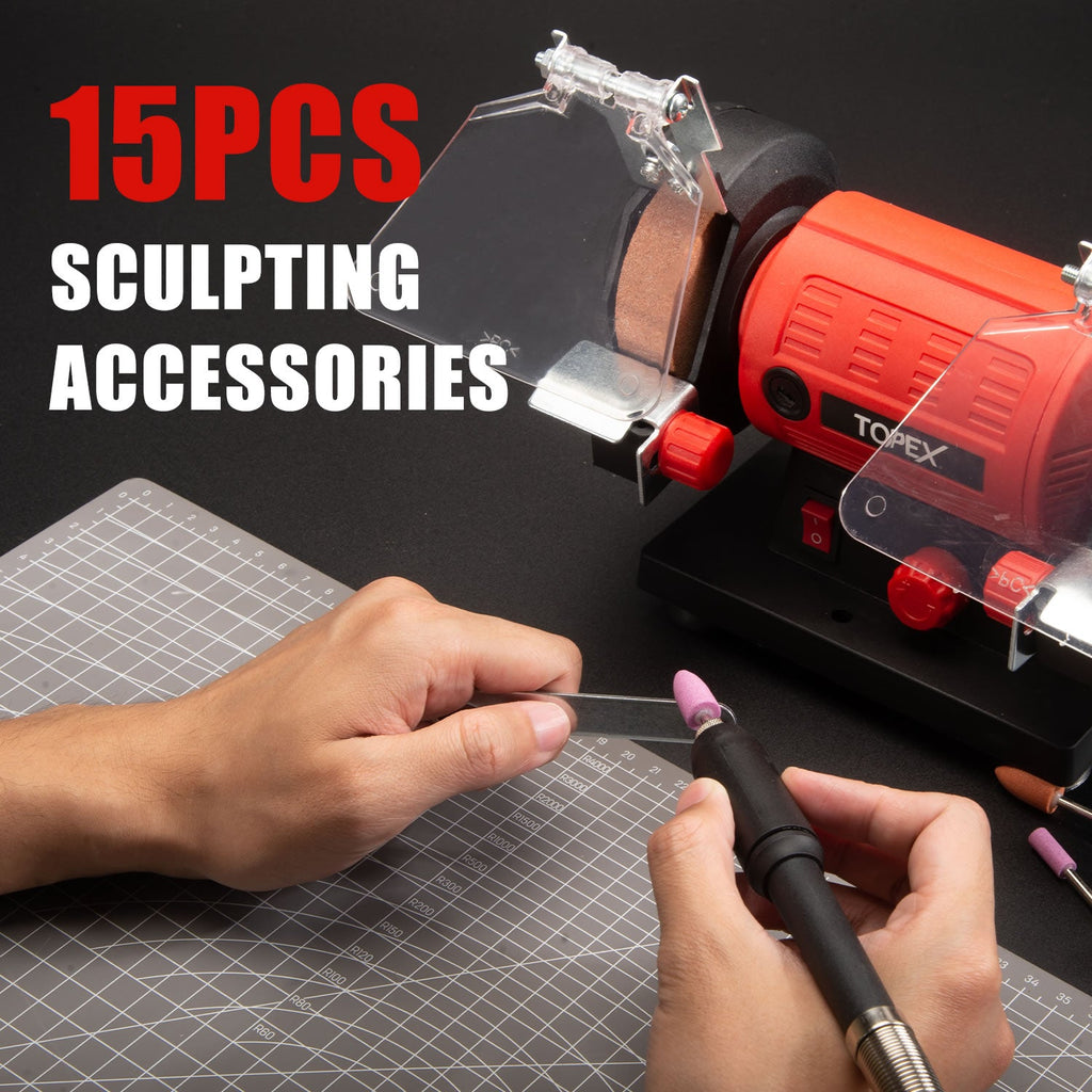 TOPEX 120W Bench Grinder w/ 2 Grinding Wheels& Adjustable Tool Rests& Eye-Protecting Shields& Static Wheel Guards