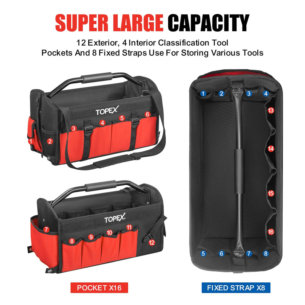 TOPEX 16 Inch Tool Bag, Multi-pocket Tool Organiser, High Bearing Wide Mouth Tool Tote Bag with Adjustable Shoulder Strap, Foldable, Rotatable Steel Handle